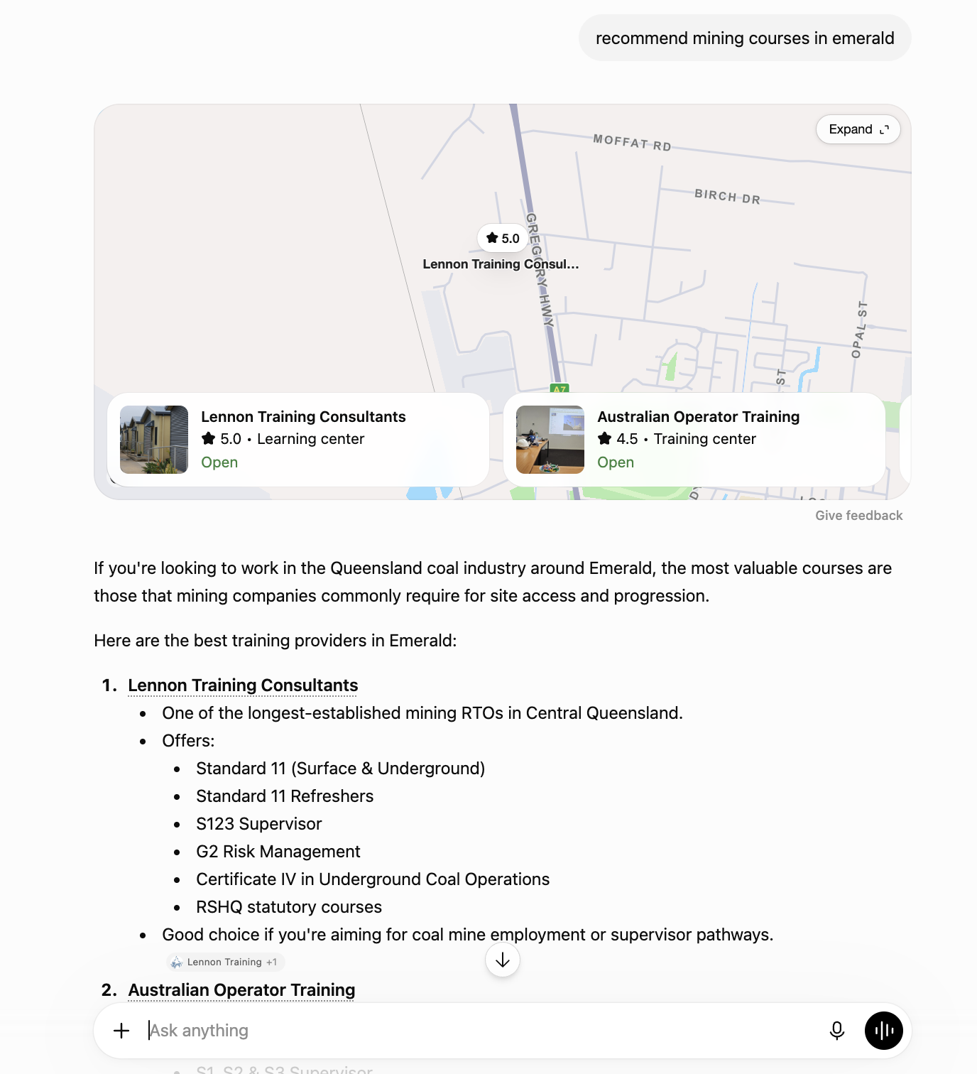 ChatGPT recommending mining safety training providers in Queensland
